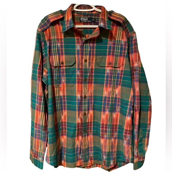 Polo Ralph Lauren Southwestern Plaid Epaulets Button Front Long Sleeve Large - Picture 1 of 10